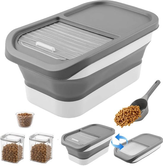 Cibo secco per cani e gatti, 5-10 kg, con contenitore pieghevole, misurino, cucchiaio, 2 contenitori, contenitore per animali domestici, ciotola per cani, gatti, animali domestici, cassetta cibo (grigio)