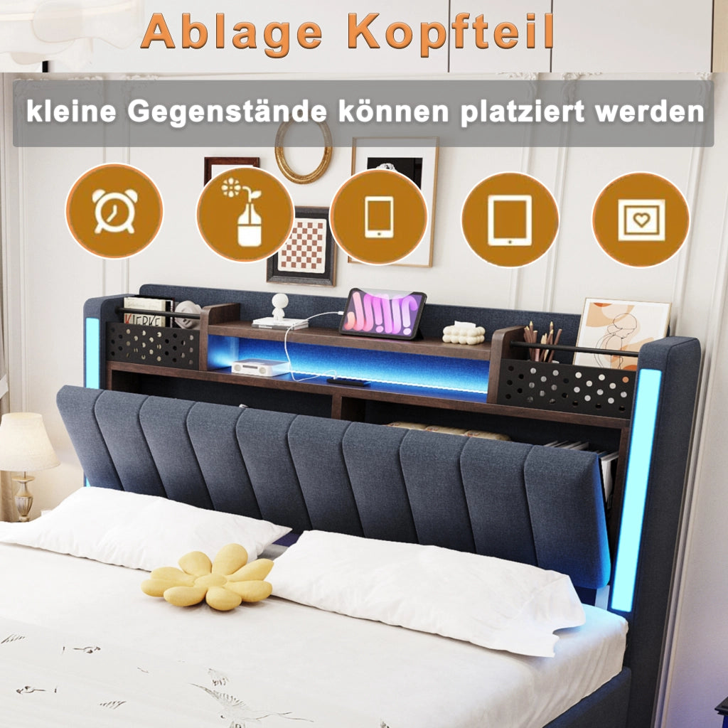 LETTO imbottito 140x200 cm Grigio con USB, LED e testiera con ripiani