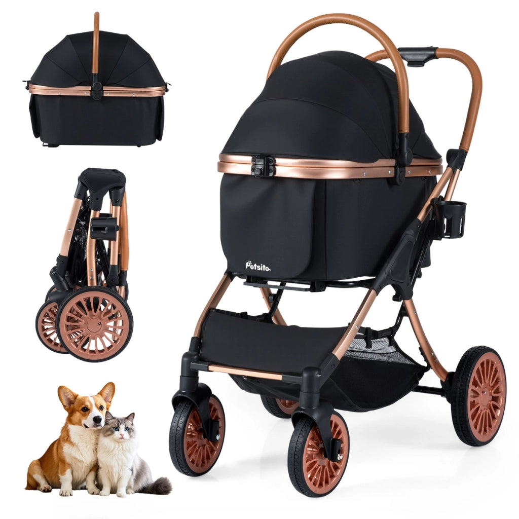 Passeggino animali pieghevole 3 in 1 con portapacchi rimovibile, Passeggino animali tettuccio cuscino rimovibile Nero
