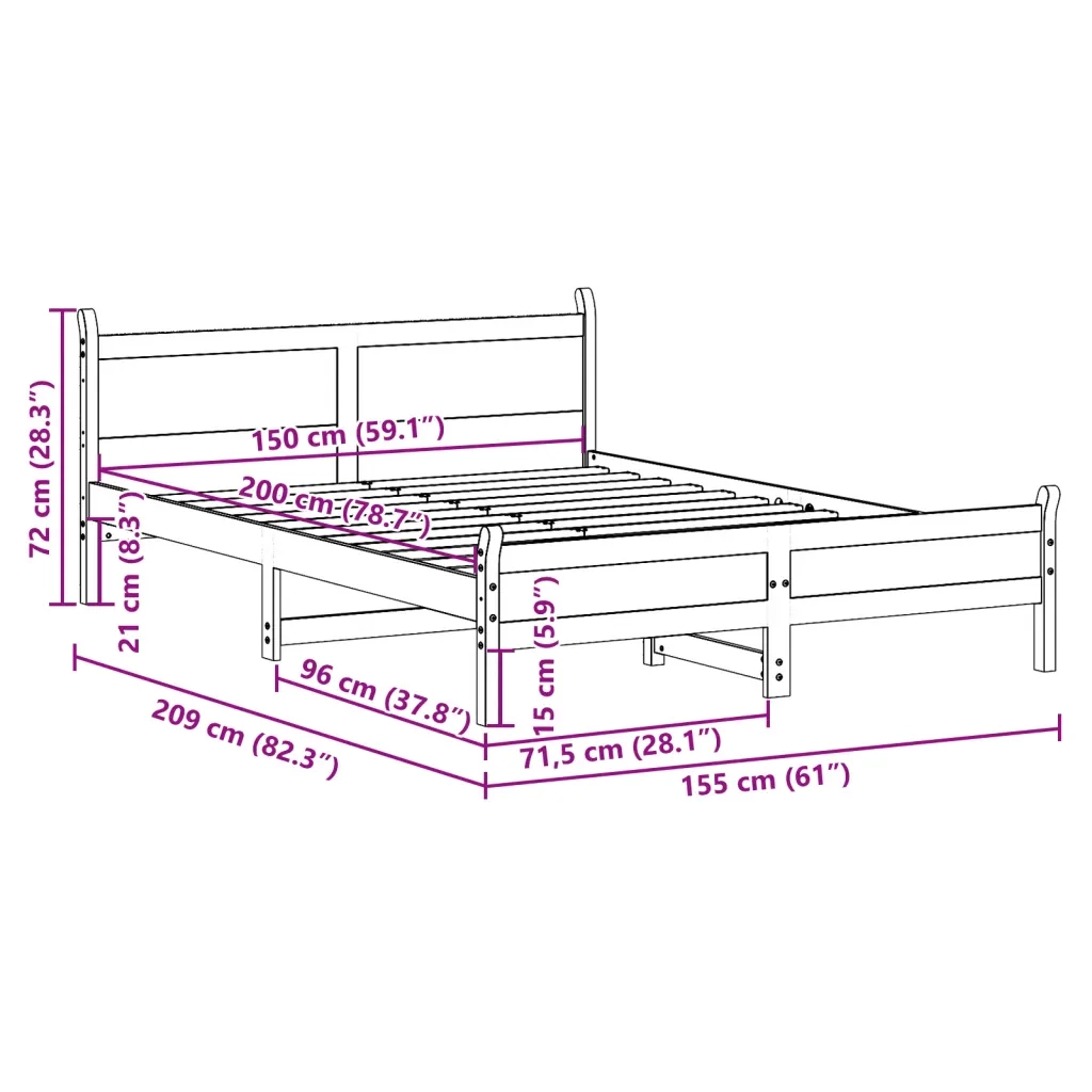 Letto senza Materasso-Struttura Letto 150x200 cm in Legno Massello di Pino 154990