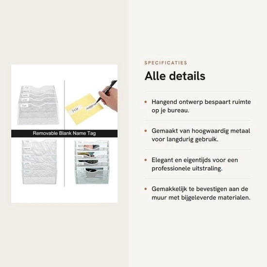 Organizzatore per la parete con 5 contenitori - Materiale in metallo duraturo - Progettazione mesh elegante - Ideale per documenti e carte - Organizzatore per la scrivania con parete
