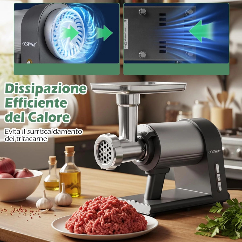 2000W Tritacarne Elettrico con Insaccatore per Salsicce, 3 Tubetti per Salsicce, 3 Dischi per Macinare, Kit Kibbe, Lama, Spingitore e Cassetto, Tritacarne in Alluminio per Cucina