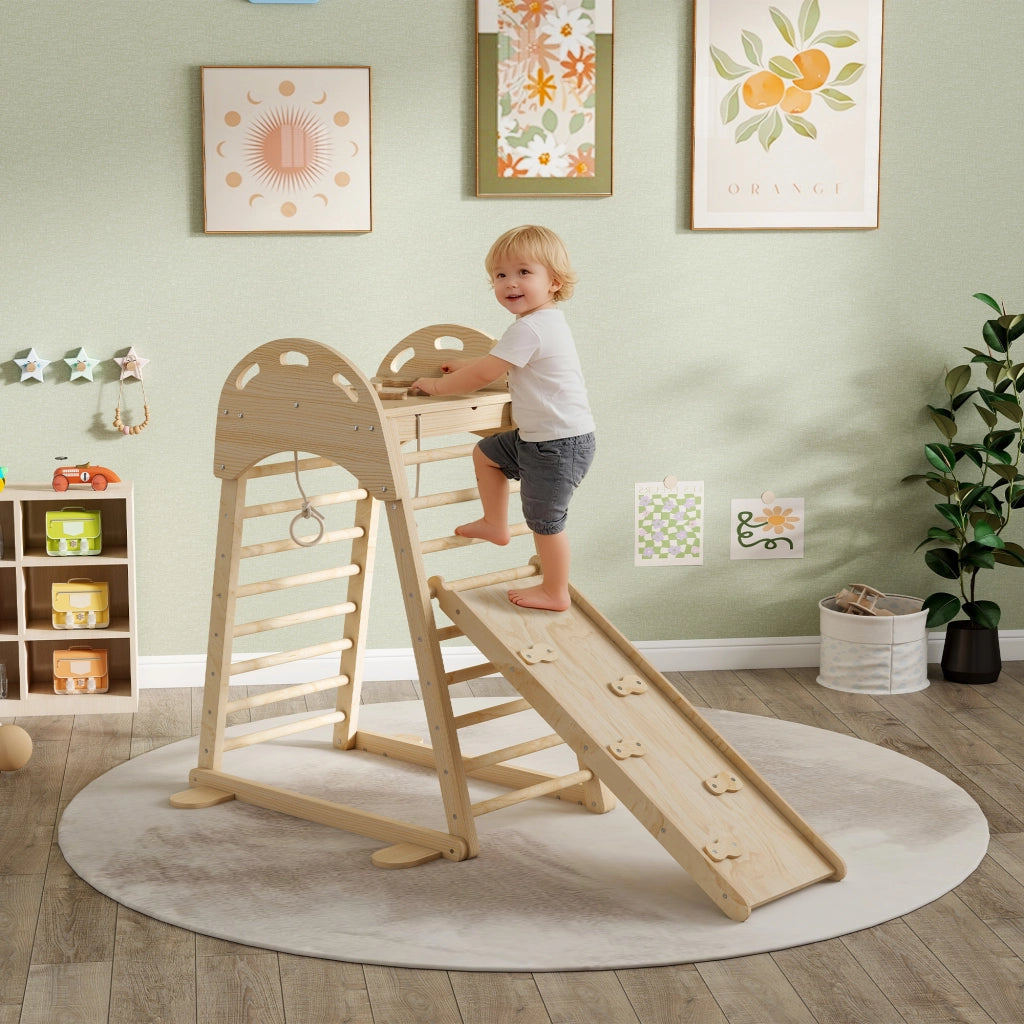 Struttura di arrampicata triangolare Montessori con scivolo ¨C Minimal ¨C legno naturale 90x90x80