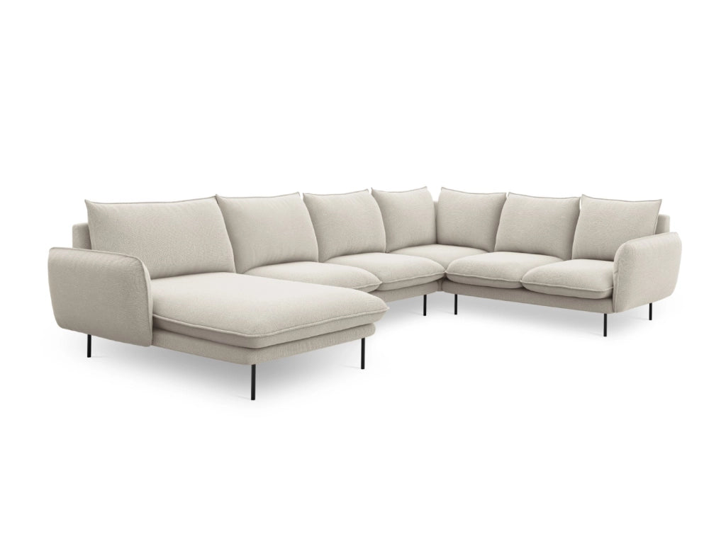 Cosmopolitan Design - Divano panoramico destro "Vienna" 7 posti in tessuto strutturato beige chiaro 