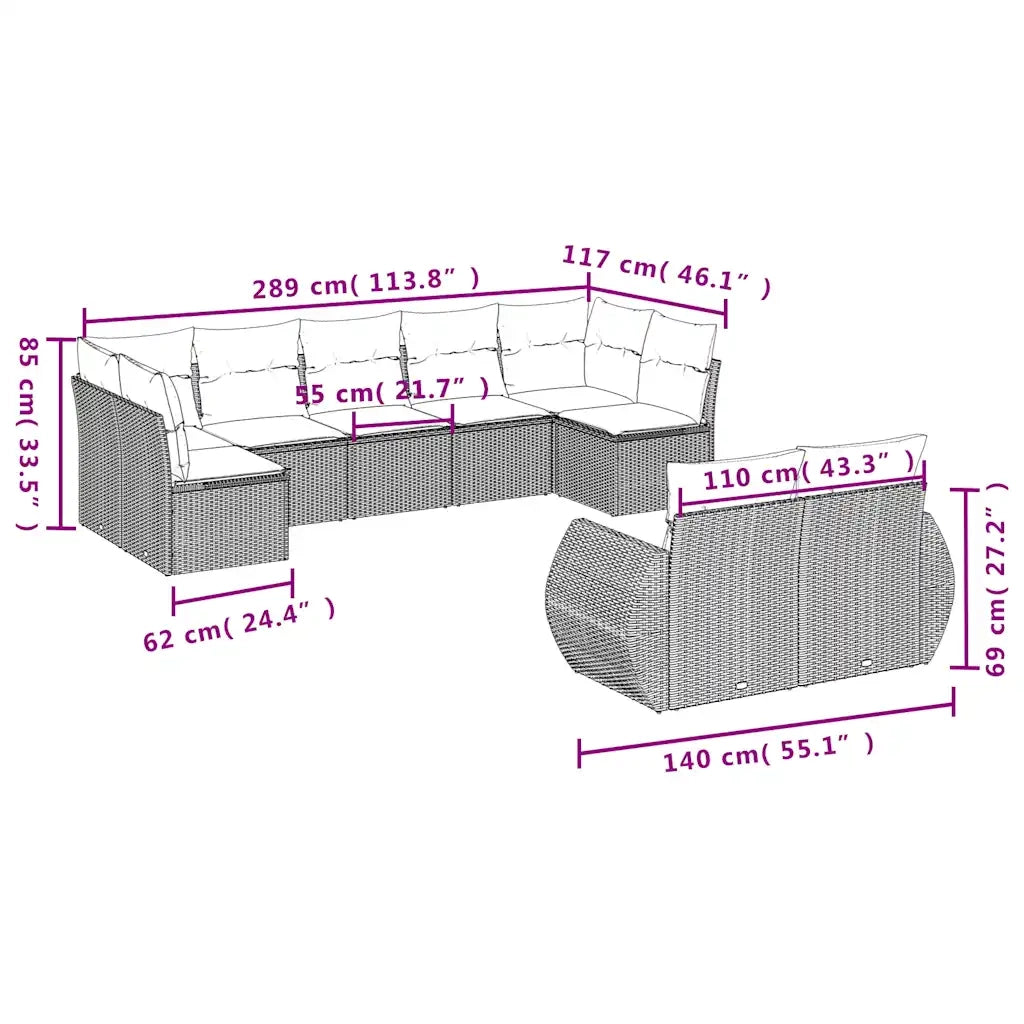 Set Divani da Giardino 9pz con Cuscini Marrone in Polyrattan 3254160