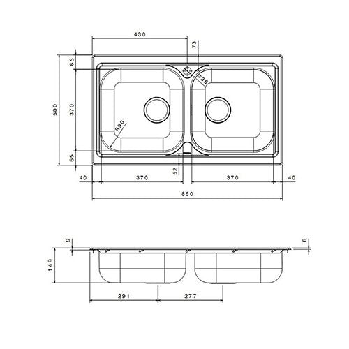 Lavello incasso in acciaio inox 86 cm 2 vasche  - Cromo