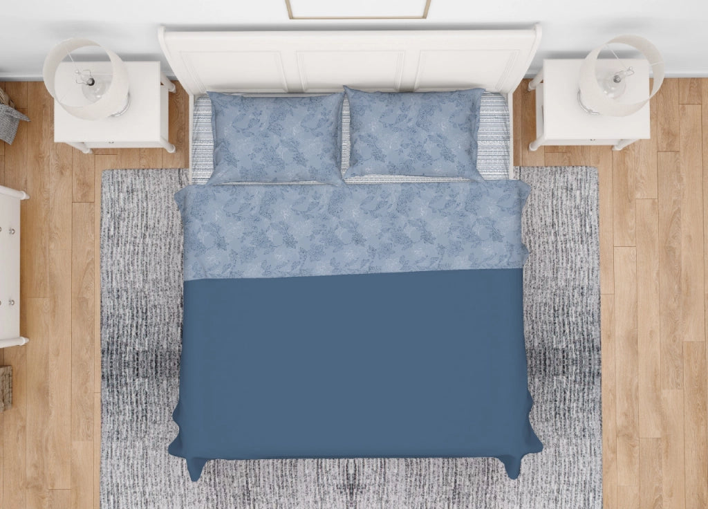 Completo Lenzuola Letto In 100% Cotone Made Italy Disegno Lily - Francese - Blu