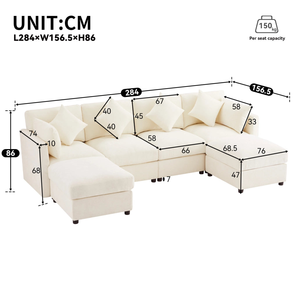 Divano modulare angolare in chenille beige con 2 pouf; braccioli regolabili e 6 cuscini; 284x156;5x86 cm