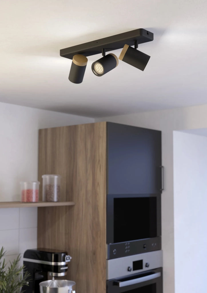 Faretti E Spot Moderno Consuma Metallo Nero Legno Marrone 3 Luci Gu10 Ip44
