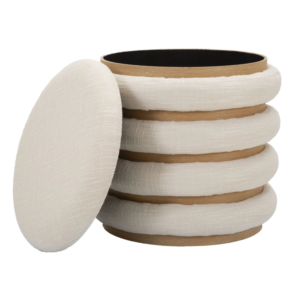 Puff contenitore Damasco Line in cotone naturale e legno, Ø 40 cm