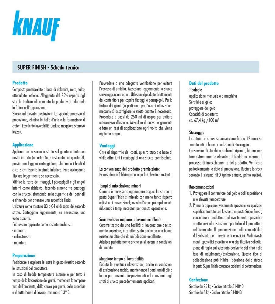 Stucco Pasta Super Finish Knauf Vinilico Bianco 6 kg