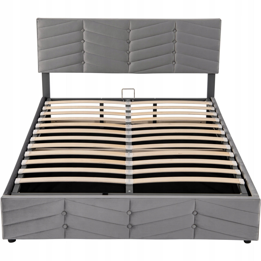 Letto imbottito 140x200 - Xylo - Grigio, velluto, meccanismo idraulico