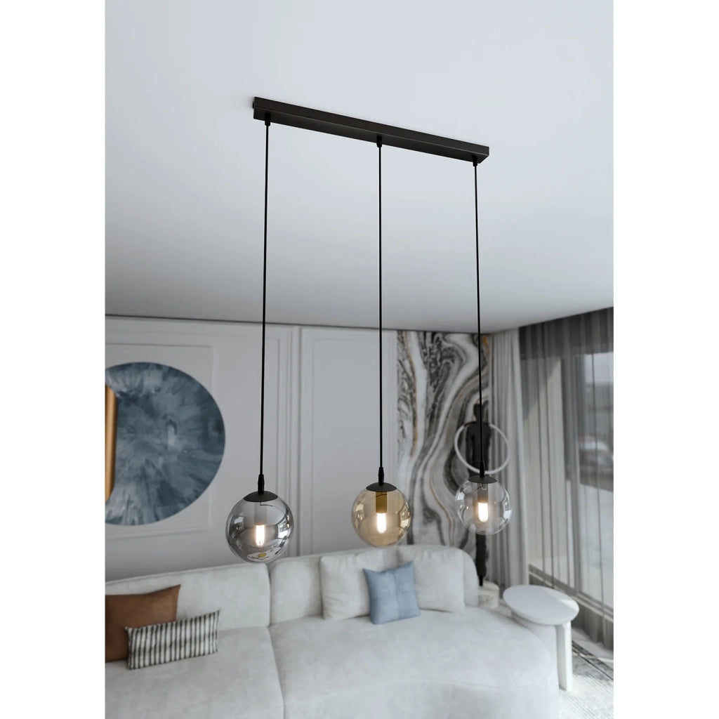 Sospensione Moderna 3 Luci Kali In Acciaio Nero E Sfere In Vetro Multicolor