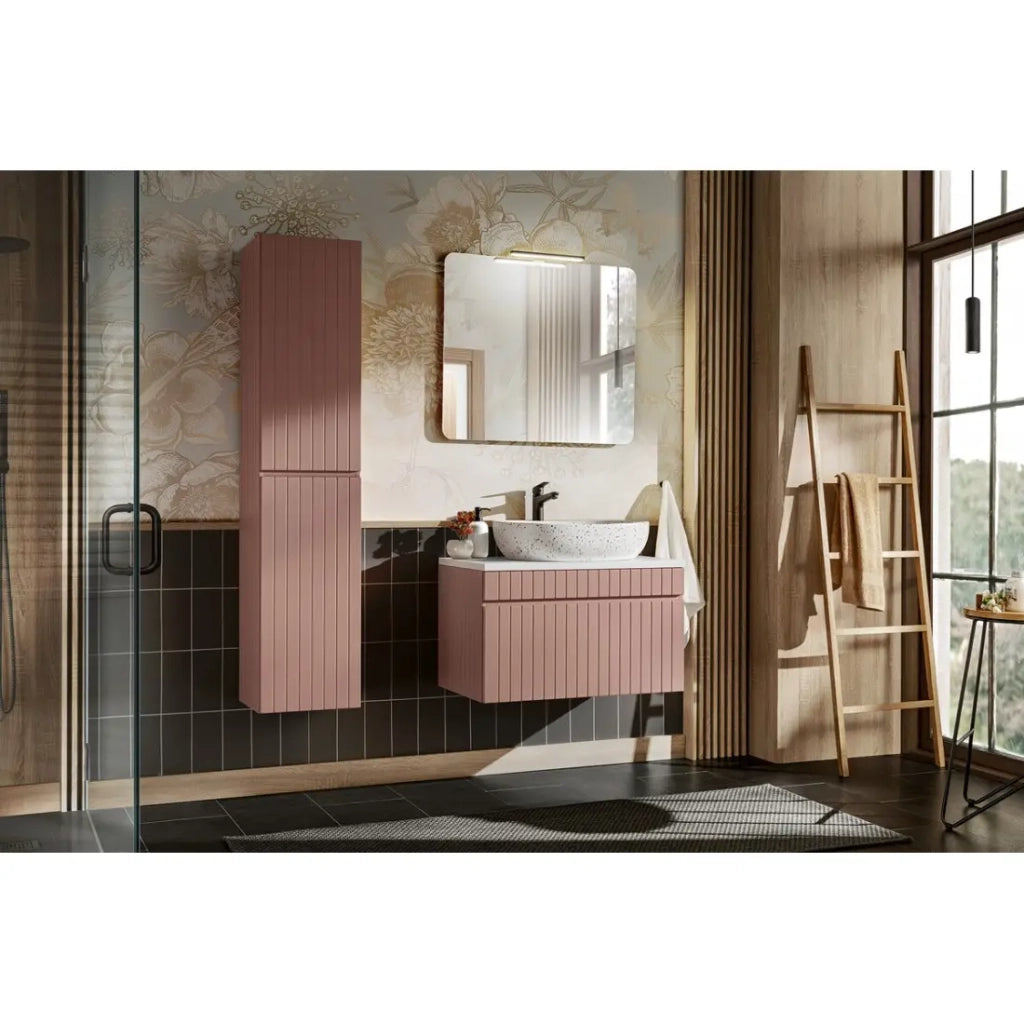 Set ICON: mobile sottolavabo 80cm + piano per lavabo + lavabo da appoggio + specchio + lampada LED + colonna