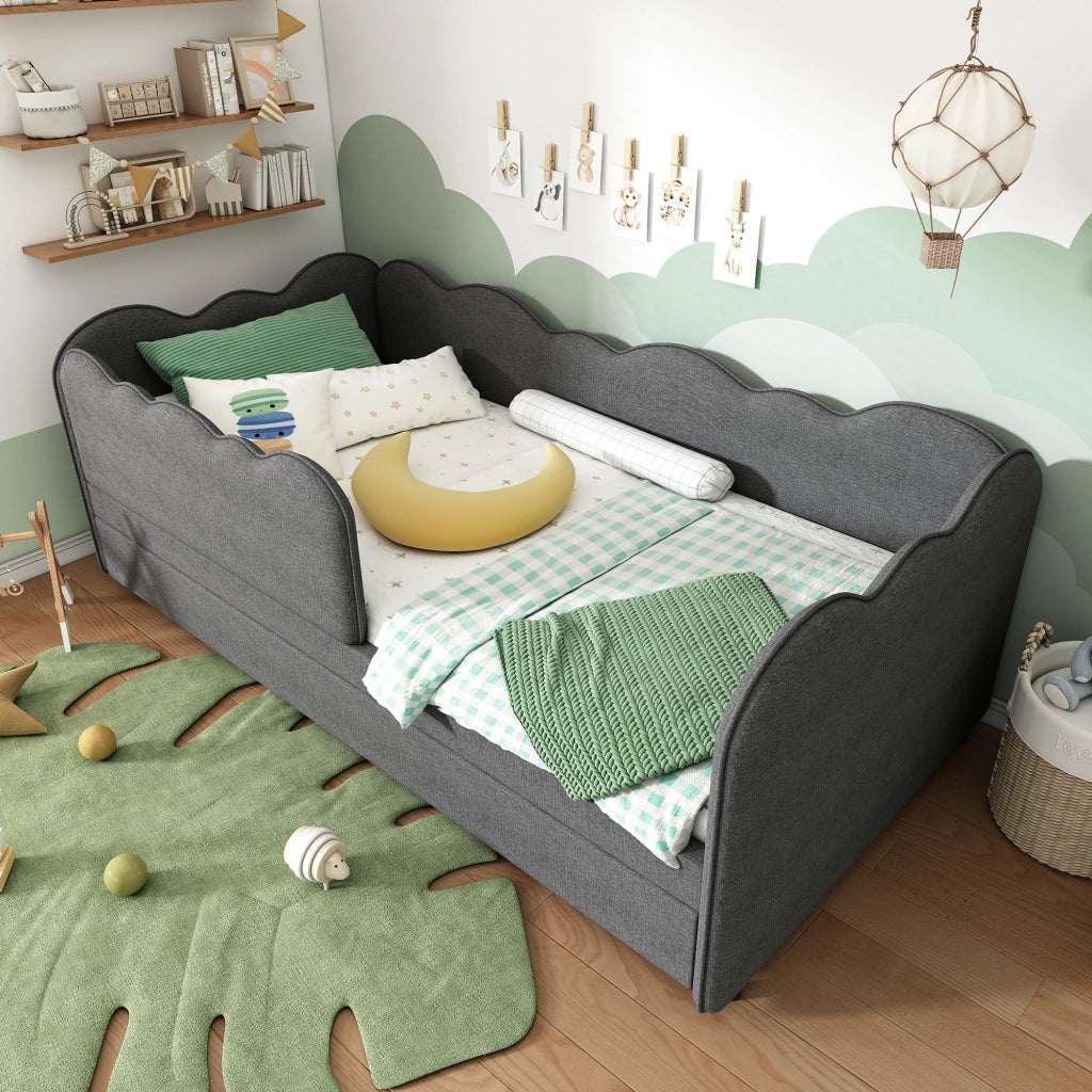 Letto Imbottito con Ausziehbett ¨C MINIMAL ¨C Grigio, Tessuto Lino, 90x190