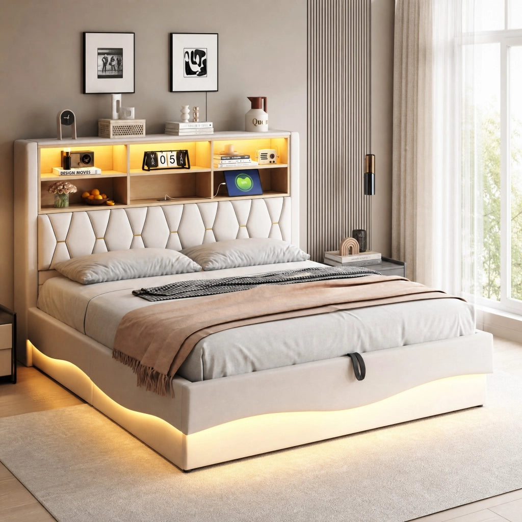 LETTO Contenitore 180x200 cm Beige in ferro con LED e USB