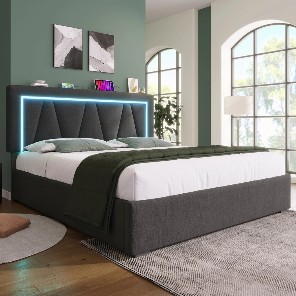Letto Contenitore Imbottito LED ¨C MINIMAL ¨C 140x200, Tessuto, USB, Rete a Doghe