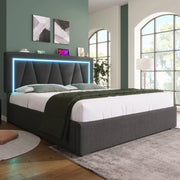 Letto Contenitore Imbottito LED ¨C MINIMAL ¨C 140x200, Tessuto, USB, Rete a Doghe
