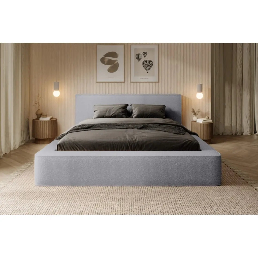 Letto contenitore VELORA – Grigio perla bouclé – 160x200 cm – Tessuto velluto morbido – Rete sollevabile – Spazio di stoccaggio integrato