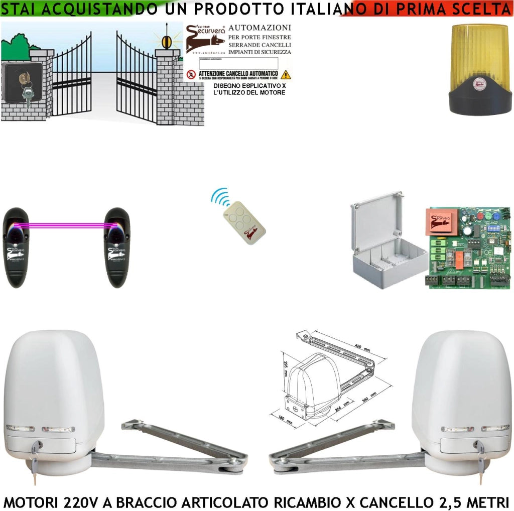Cancello Elettrico 5 MT 2 Motori 220 V Braccio Articolato Automatismo  2 Ante Battenti da 0,5 Fino a 2,5 Metri Centrale CBR Radiocomando Fotocellule Selettore