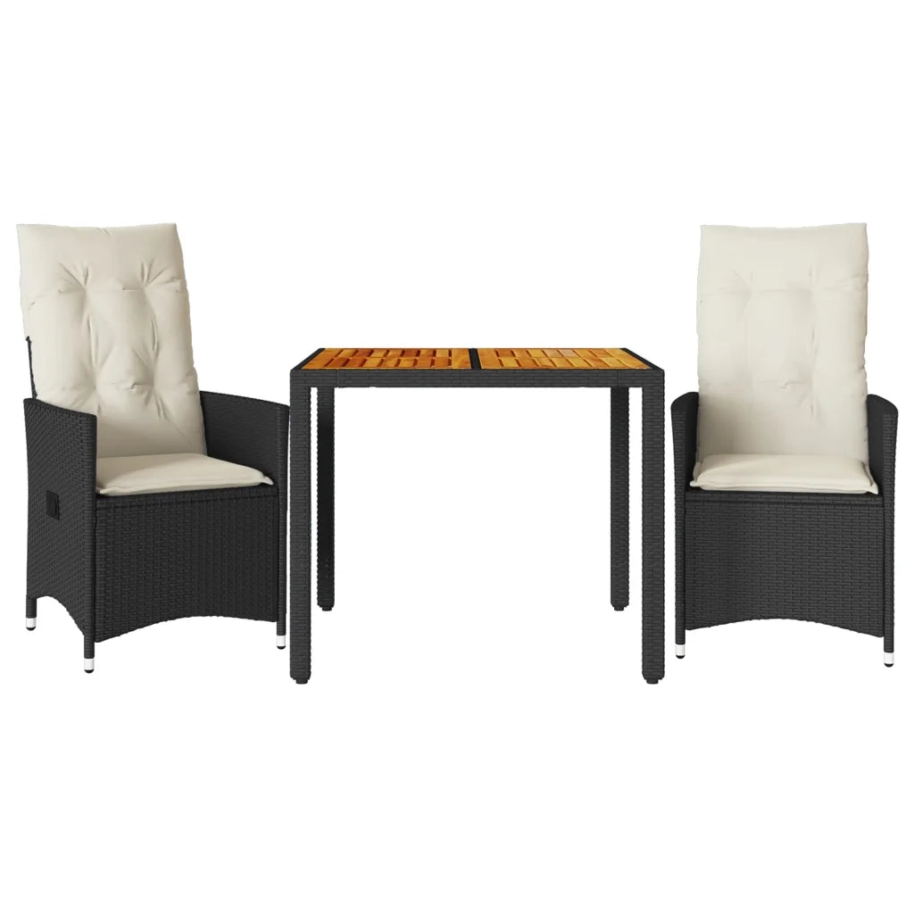 Set da Bistrò 3 pz con Cuscini Nero Polyrattan e Legno Acacia