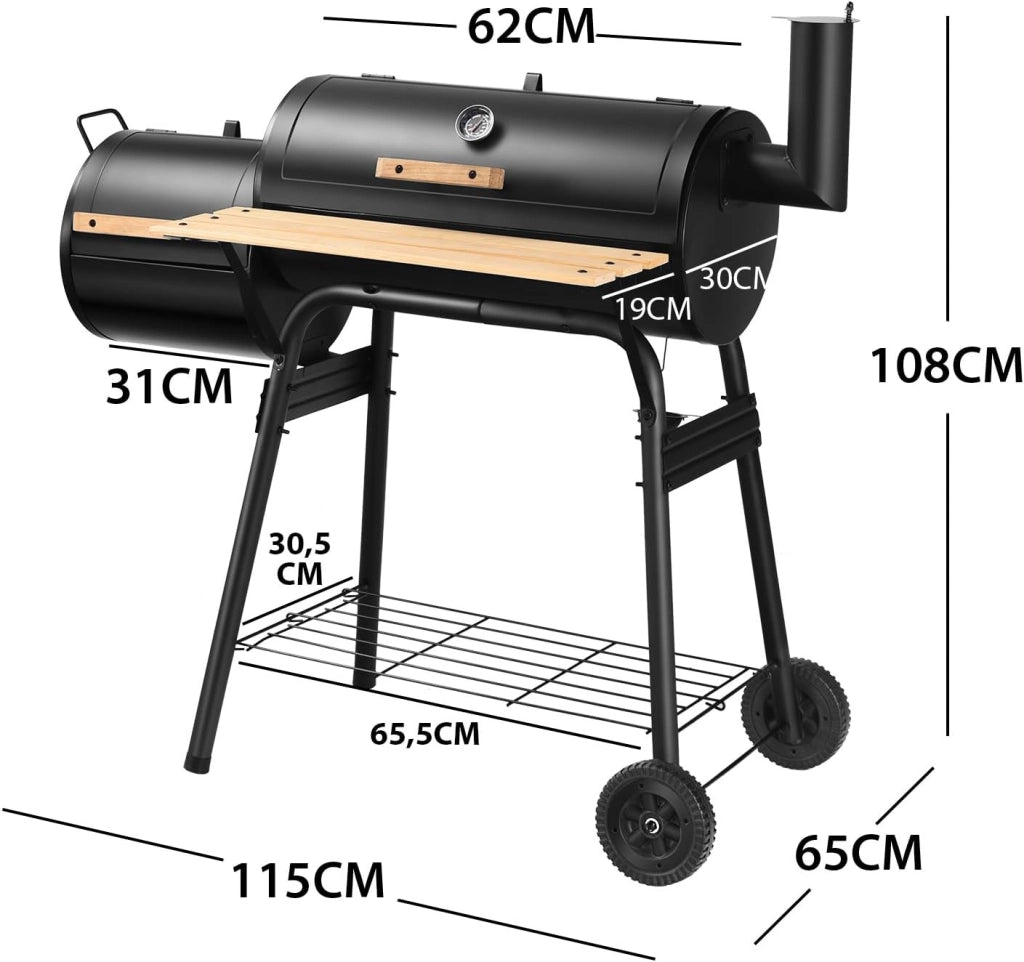 Barbecue a carbone con termometro e ruote, griglia in acciaio con camino, affumicante per esterni, con tavolo laterale e ripiano inferiore, 115 x 65 x 108 cm