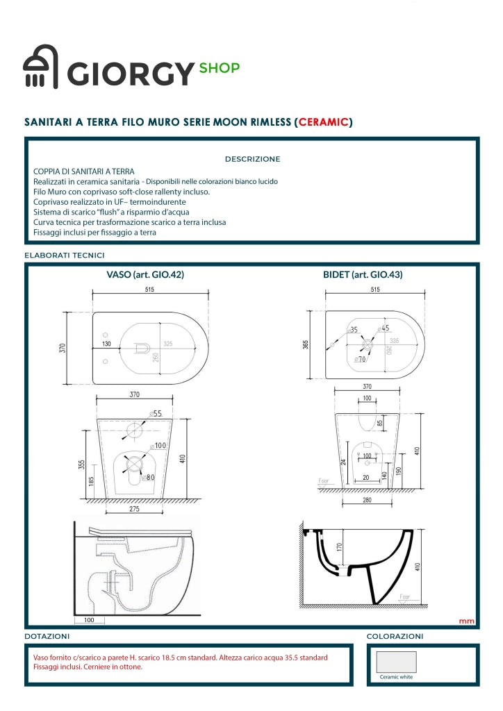 Moon Coppia di Sanitari a Terra Senza Brida con scarico Rimless , wc , Bidet e Coprivaso soft-close , Fissaggi e curva tecnica inclusa