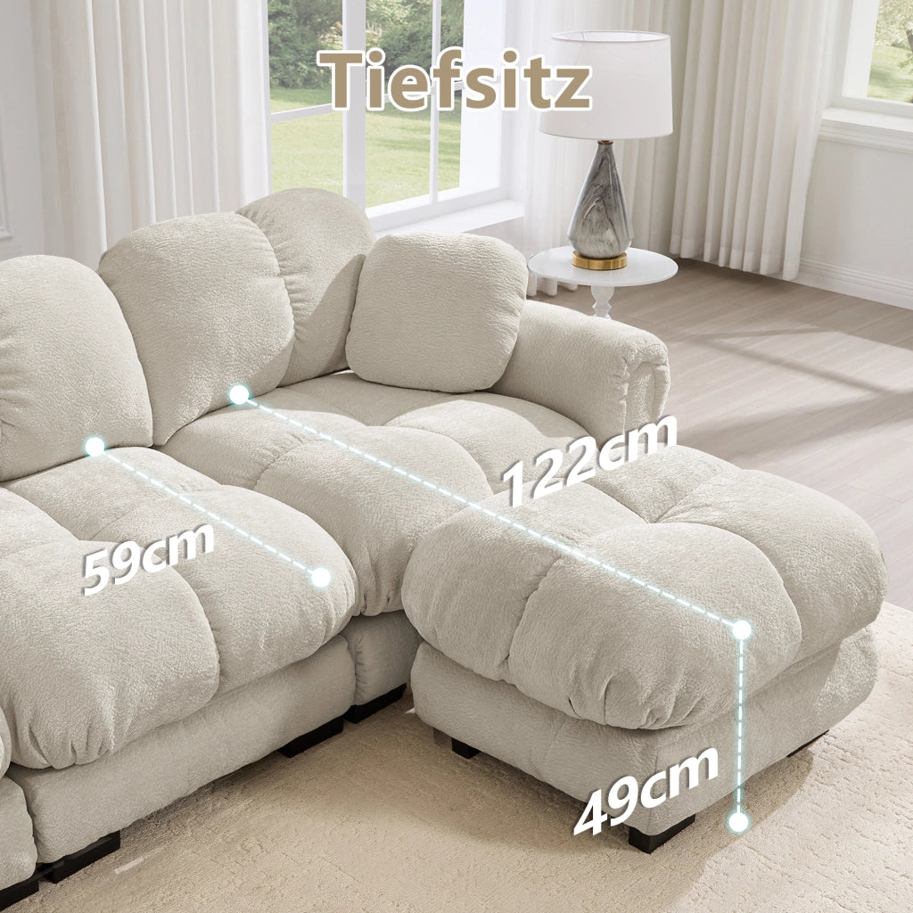 Divano angolare componibile a U a 4 posti in chenille con pouf mobili e cuciture trapuntate beige chiaro