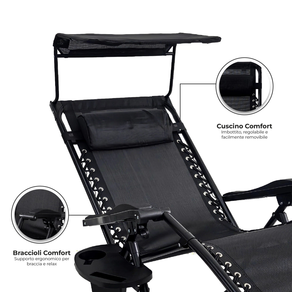 Sedia Sdraio 0 Gravità Pieghevole Professionale con Tettuccio Parasole e Poggiapiedi in Acciaio e Textilene – Reclinabile con Cuscino e Porta Bevande, Ideale per Giardino, Piscina e Campeggio Nero