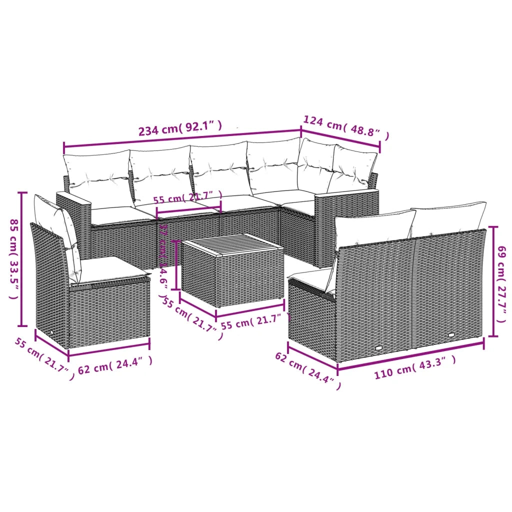 Set Divano da Giardino 9 pz con Cuscini Beige Misto Polyrattan 3226052
