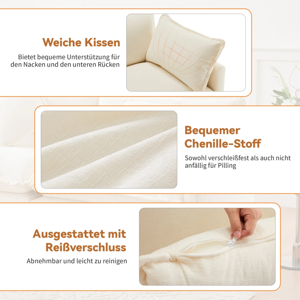 Divano angolare a 3 posti in chenille con pouf mobile e cuscini lombari per relax, beige 283 × 147 × 84 cm