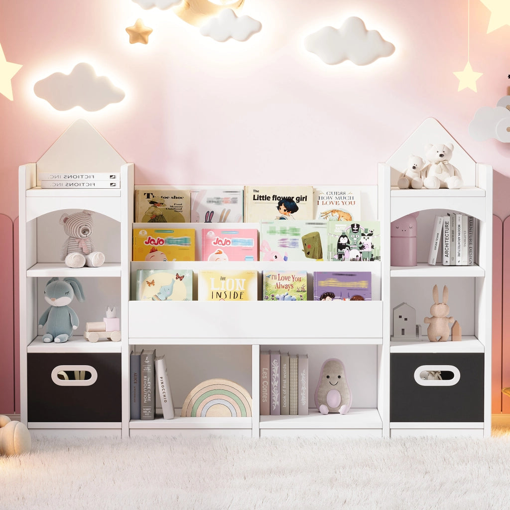 SCAFFALE per libri e giochi 130x30x90 cm Bianco con 2 box pieghevoli