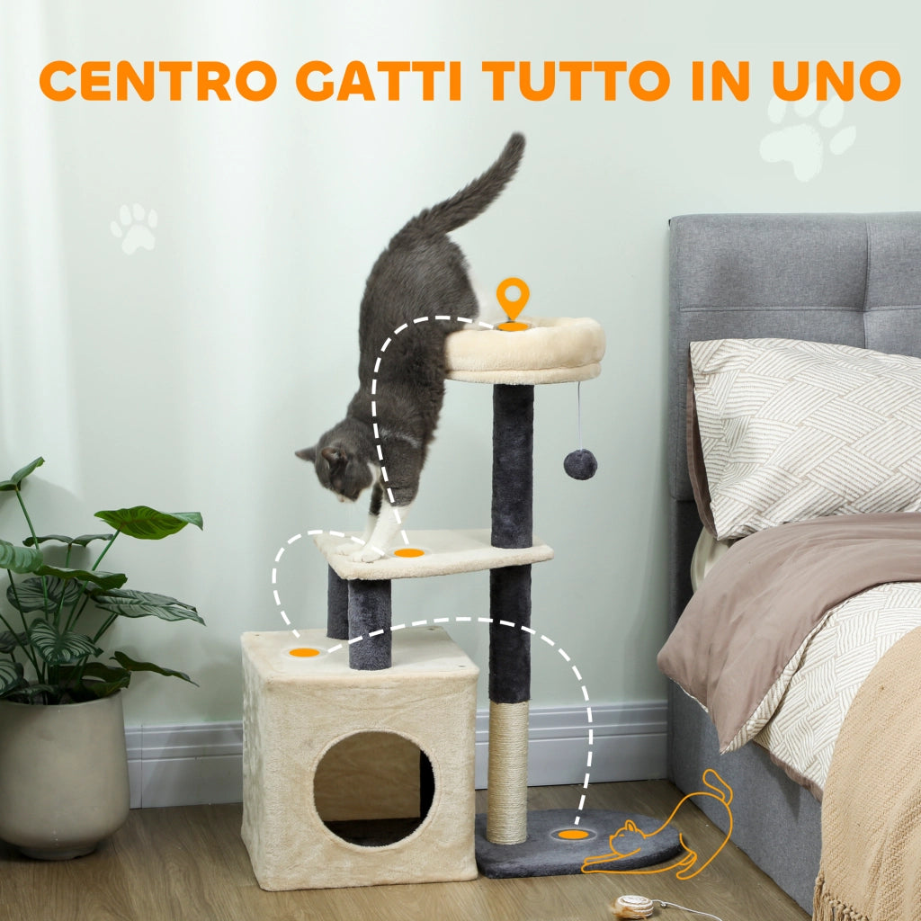 Albero Tiragraffi per Gatti con Casetta e Lettino ¨C Minimal ¨C Bianco Crema 92 cm