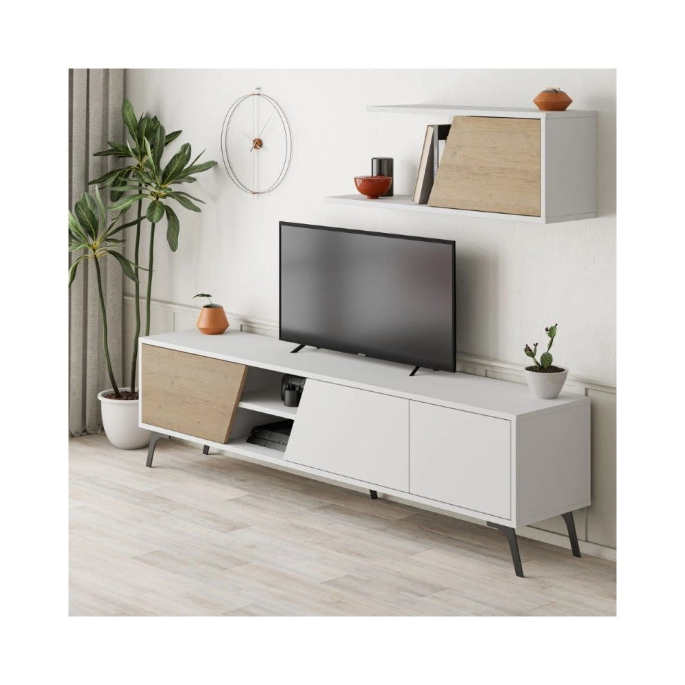 Mobile porta Tv Fiona 180X35,6X48 con mensola a parete colore bianco rovere