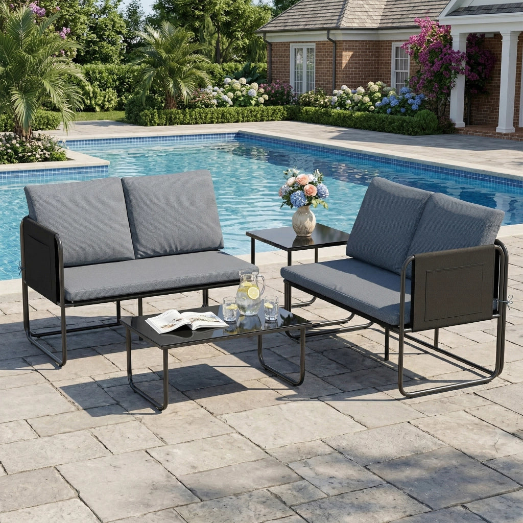 Set Giardino Esterno 4 Pezzi con 2 Divani 2 Posti 2 Tavoli in Vetro ¨C Minimal ¨C Grigio