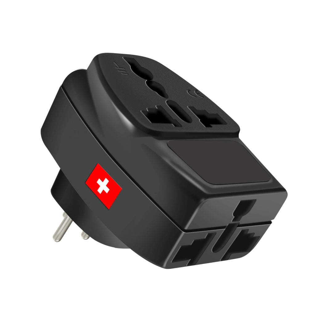 Adattatore Viaggio Tipo J Svizzera 3 uscite Nero Akashi