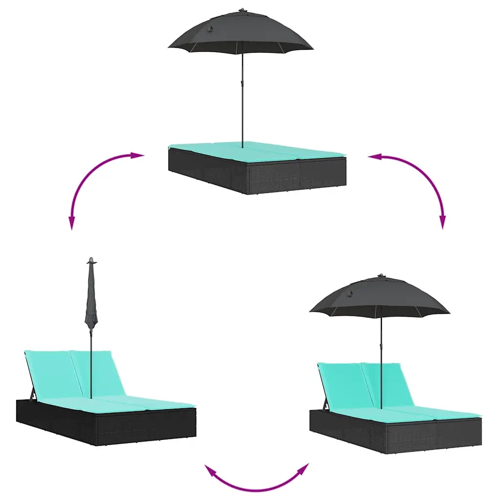 Lettino Prendisole Doppio Cuscini e Parasole Nero in Polyrattan 368089