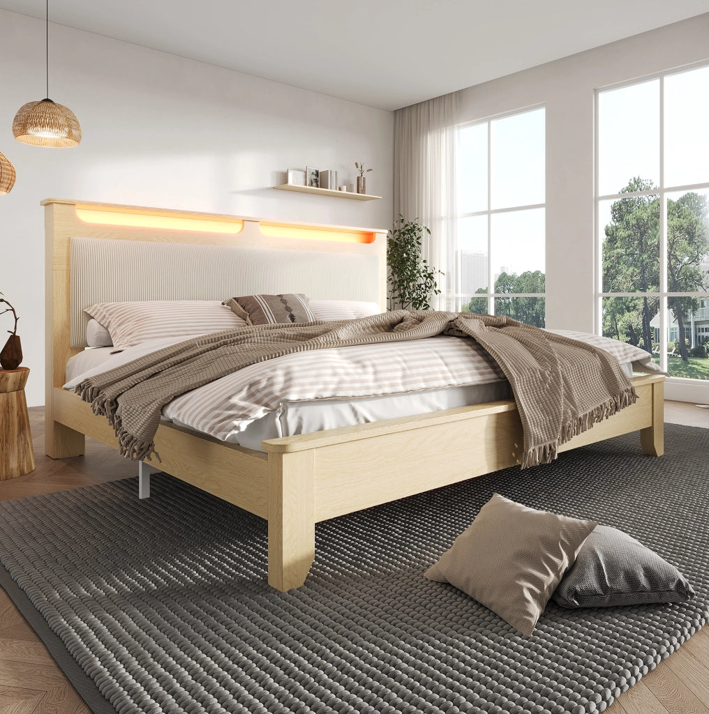 Letto matrimoniale 140x200 cm con LED e contenitore; beige e rovere chiaro