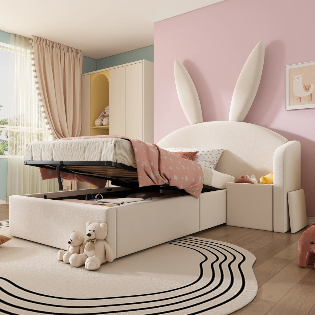Letto Imbottito Singolo con Contenitore Idraulico e Comodino ¨C MINIMAL ¨C Velluto Beige 90x200