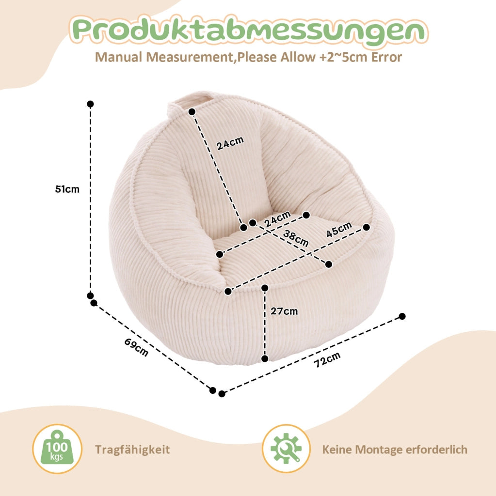 Pouf sacco ergonomico piccolo per bambini in velluto a coste beige