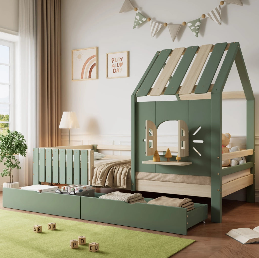 Letto per bambini a casetta con 2 cassetti e recinto 90x200 cm verde e naturale