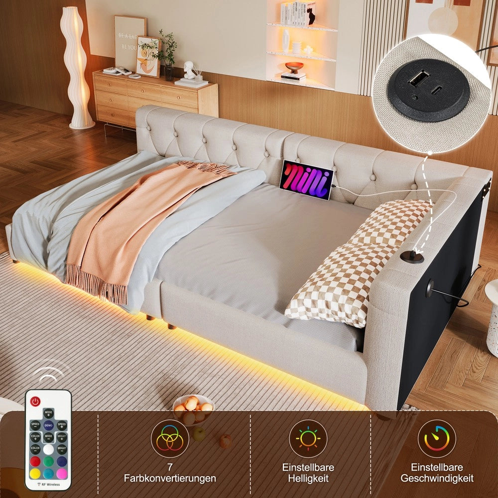 Letto Diurno Imbottito con LED ¨C MINIMAL ¨C Lino Beige 90x200