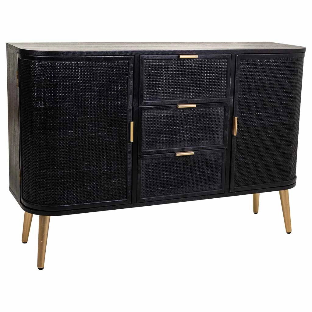 Credenza legno e rattan nero e oro 115x35x80cm