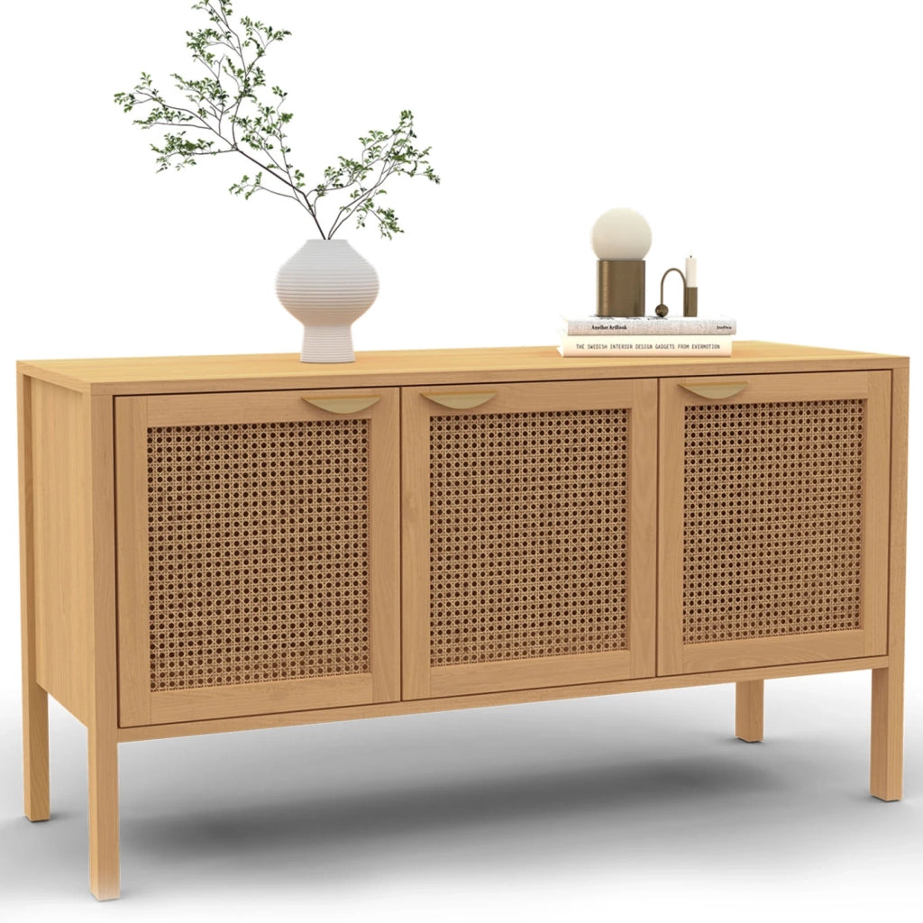 IDMarket - EDHEN Aparador bajo de 3 puertas con mimbre 110 cm
