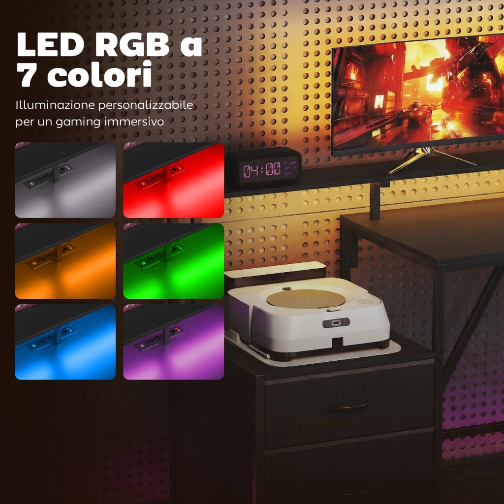 Scrivania Gaming Angolare con Hub di Ricarica, Luci LED e Supporto Monitor, in Legno e Acciaio, 192.5x80x86.5 cm, Nero