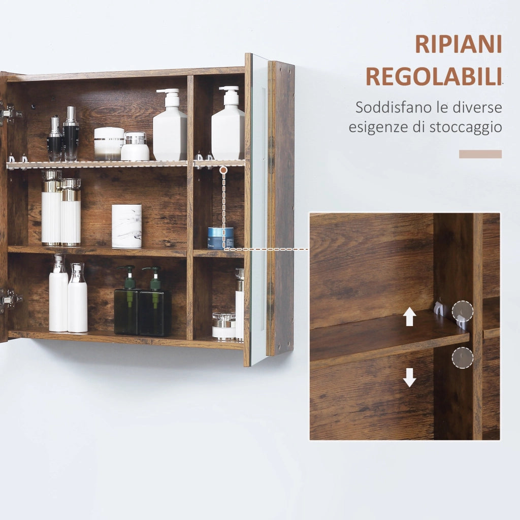 Specchiera Bagno con Luci LED Regolabili 70x15x65 cm 2 Ante e Mensola Regolabile Marrone