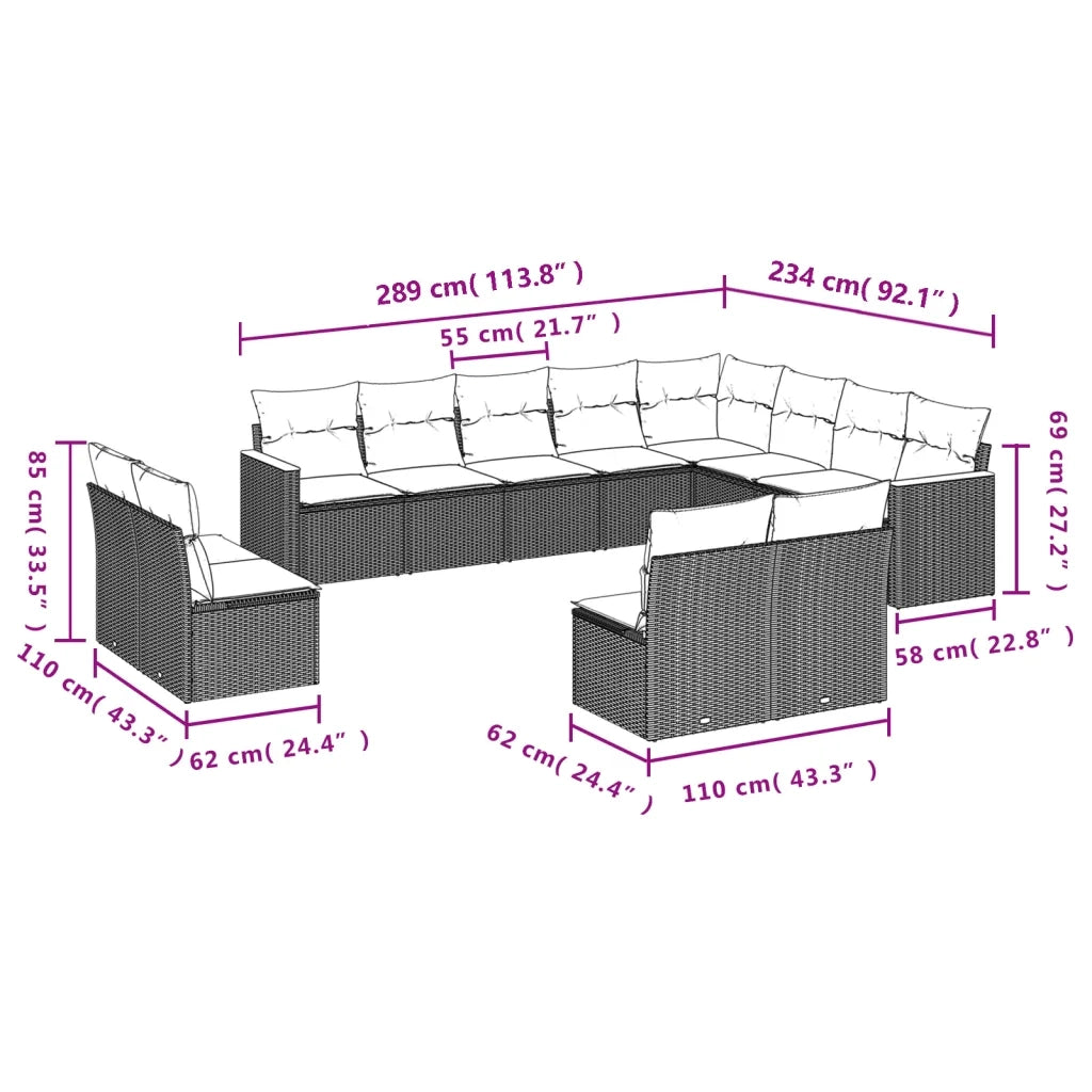 Set Divani da Giardino 12 pz con Cuscini Beige in Polyrattan 3226471