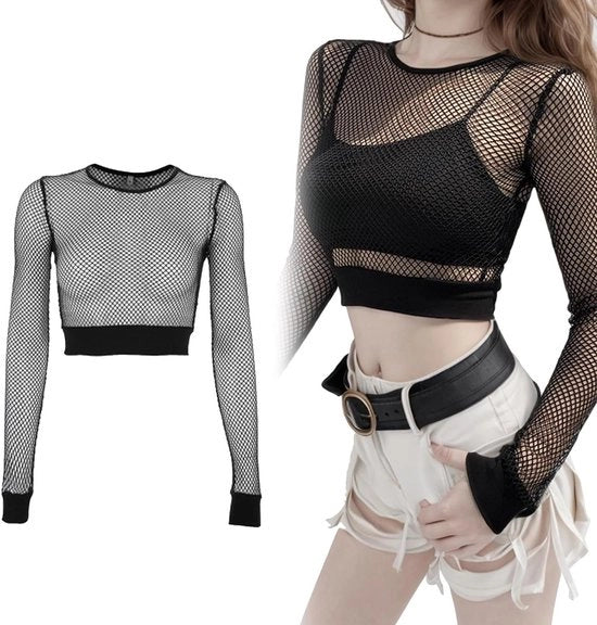 Top a Mesh per Crop per Donne - Nero Sexy Hol T-shirt per Donne