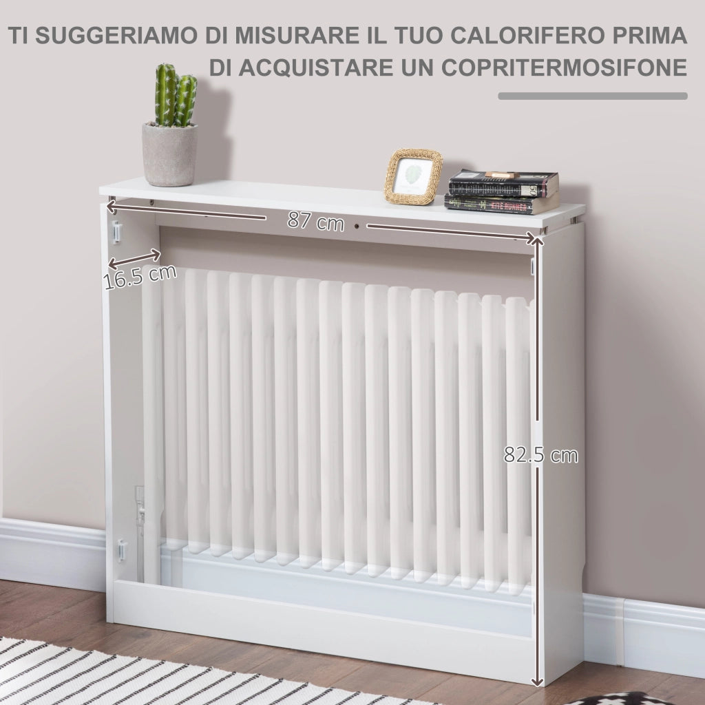 Copritermosifone a Doghe, Copri Termosifone Moderno con Antiribaltamento per Soggiorno, Corridoio, Ufficio, in MDF e Acciaio, 90x18x84cm, Bianco