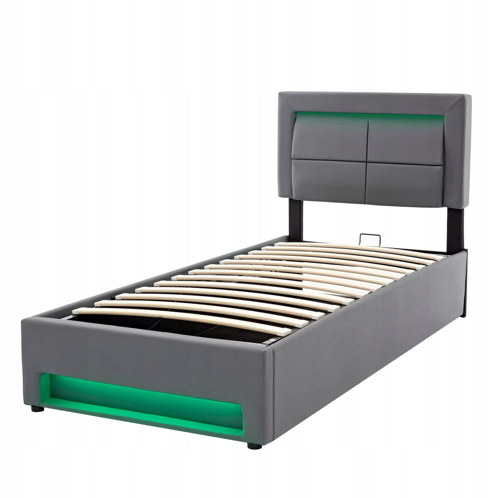 Letto imbottito 90x200 - Xylo - Grigio, USB, LED, con ripostiglio